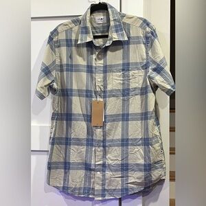 NWT NNO7 No Nationality Leon Short Sleeve Button Down Green + Blue Plaid - Sz L